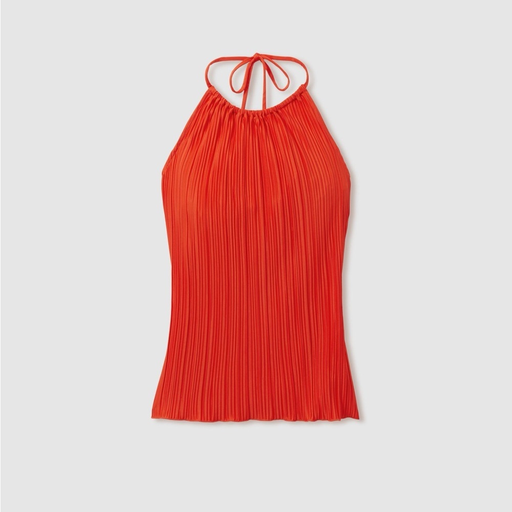 GOOD AMERICAN PLISSE HALTER-NECK BEACH COVER-UP TOP IN RED PLISSE HALTER XXS/XS